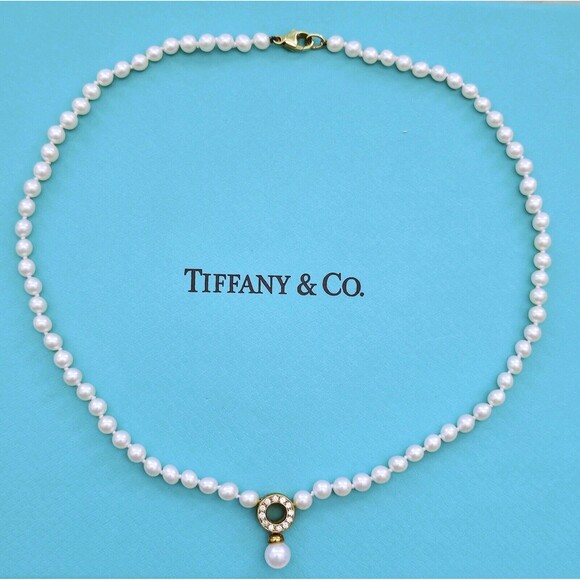 RARE Vintage Tiffany & Co. 18k Diamond Akoya Pearl Door Knocker Drop Necklace - Picture 1 of 7